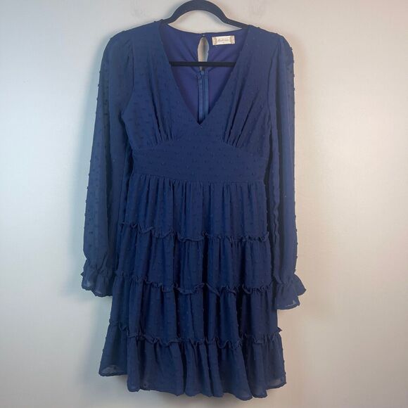 Altar'd State Dress Women's Small Navy Blue Swiss Dot Empire Waist Tiered Ruffle - Picture 1 of 10